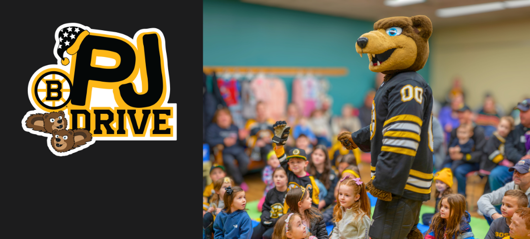 Image of Bruins mascot Blades in front of a group of children with PJ Drive logo