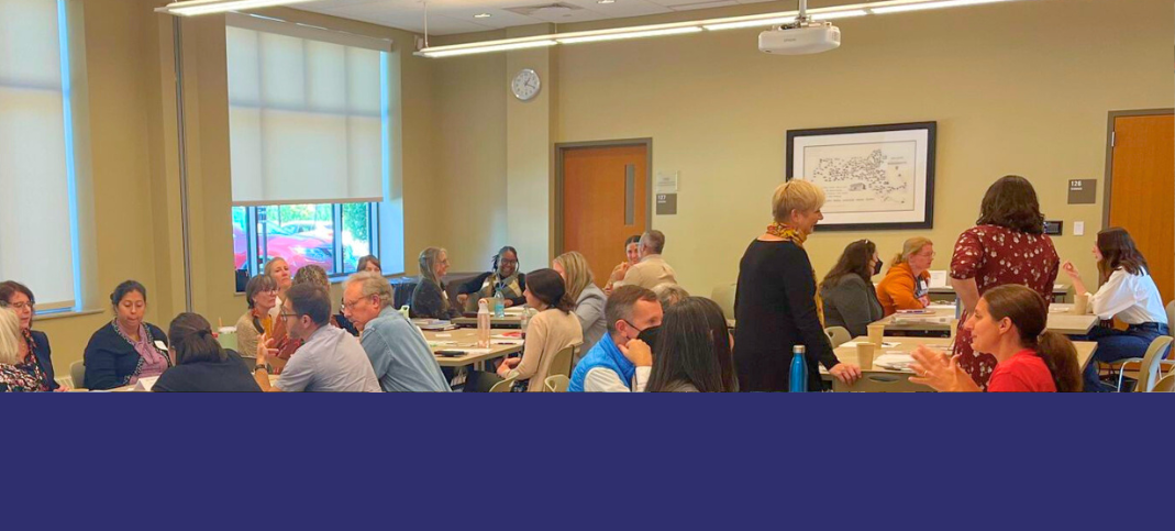 Groups of library staff gathered at tables in discussions