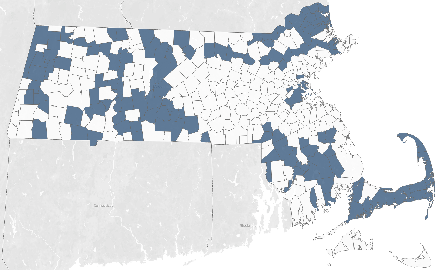 Map of Massachusetts with municipal boundaries. Municipalities receiving E-Rate for library internet are marked. Link goes to interactive map.