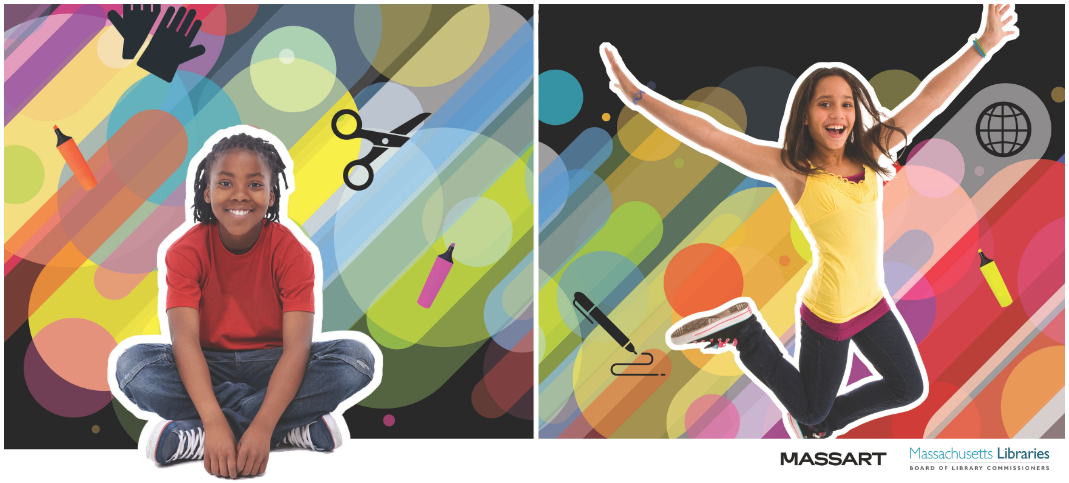 Two children, one seated with crossed legs and one jumping, in front of a colorful background with icons for craft supplies