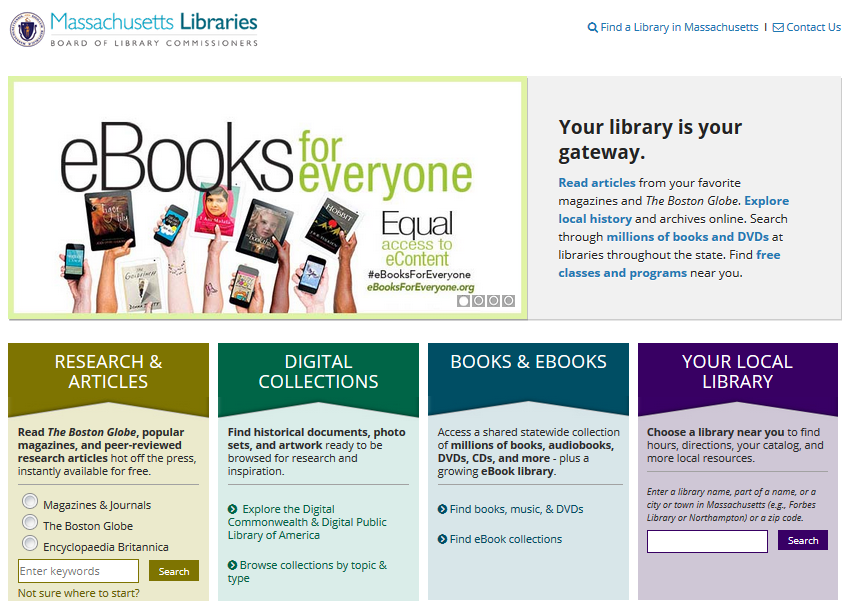 screenshot of massachusetts libraries website homepage