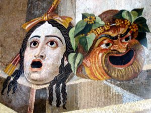 Tragedy and Comedy masks : From the Baths of Decius on the Aventine Hill, Rome