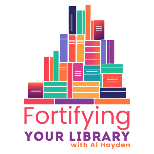 Logo for "Fortifying Your Library with Al Hayden" features a stack of colored books that form a triangular tower