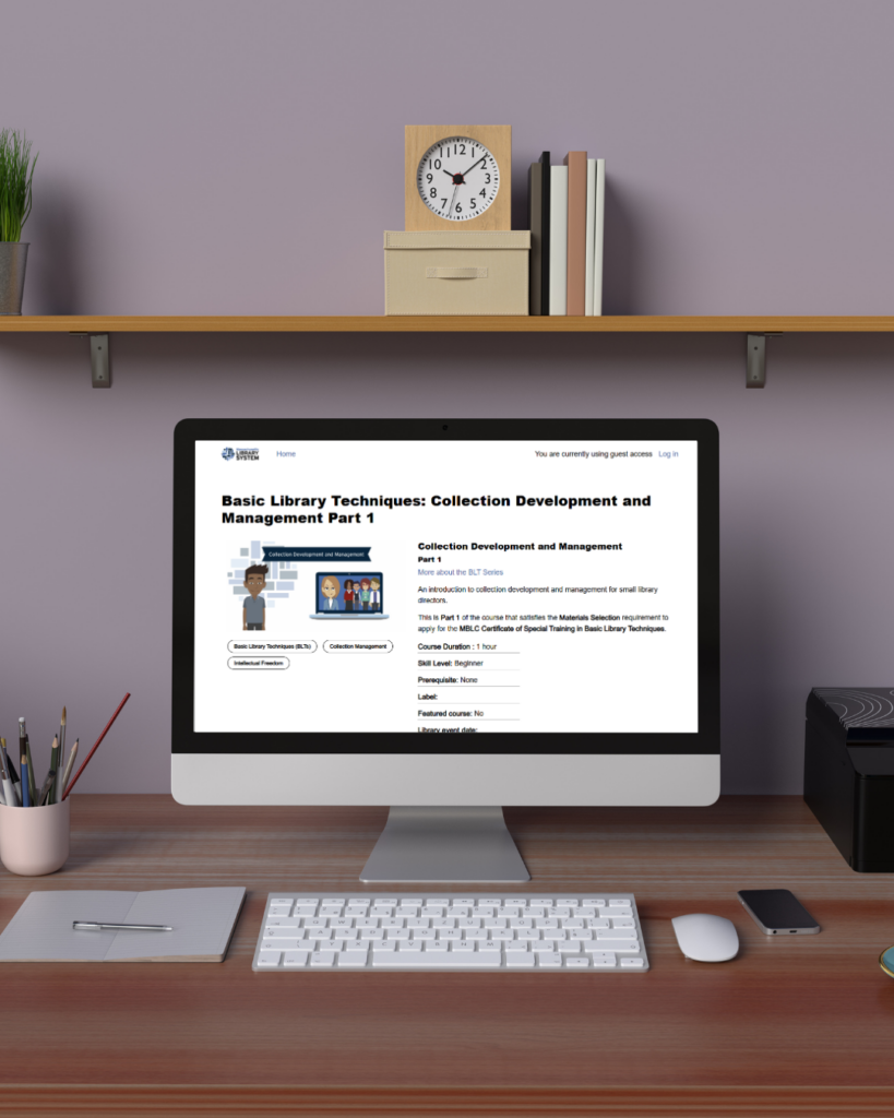 A computer monitor displays library course content on a desk in a stock image, promoting collection development. The monitor shows "Basic Library Techniques: Collection Development and Management Part 1."
