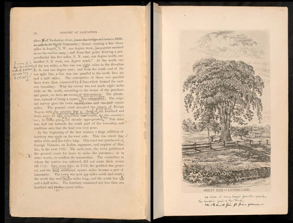 Nourse extensively annotated and extra-illustrated a copy of The History of the Town of Lancaster by inserting maps, drawings, and clippings into the text block in a process known as grangerizing.