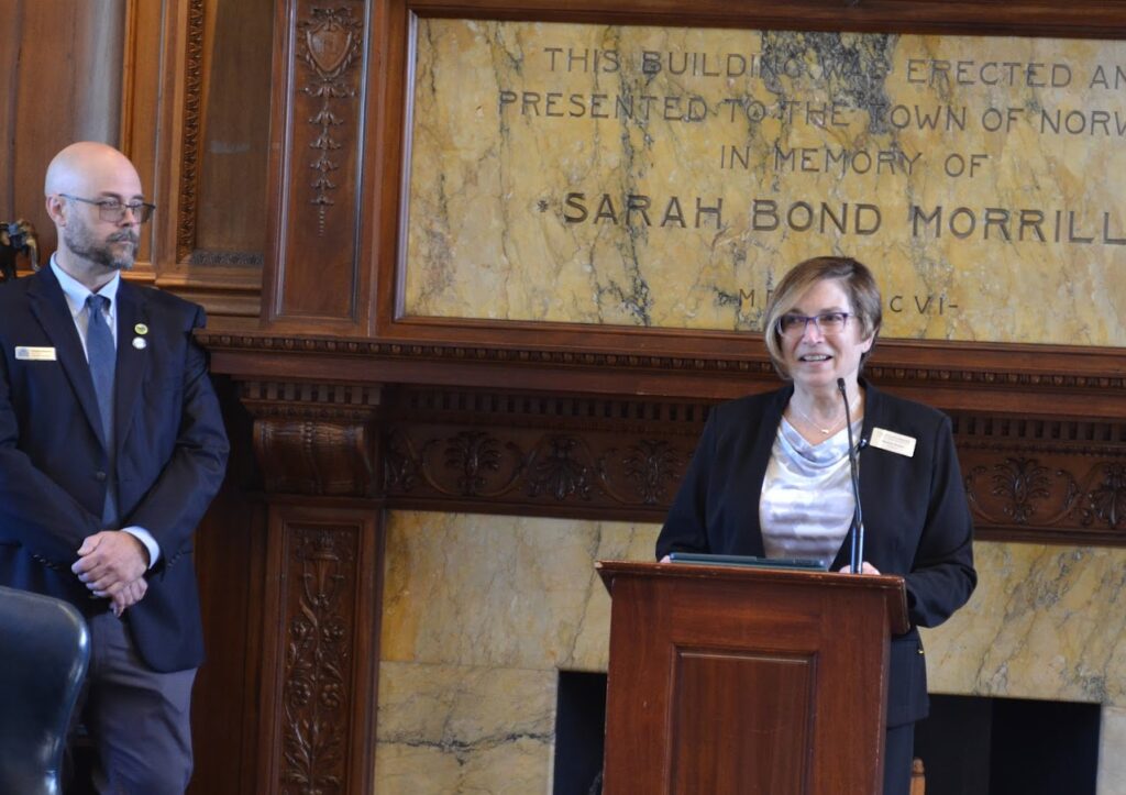 Maureen Amyot, Director of the Massachusetts Board of Library Commissioners speaking at press conference at Norwood's Morrill Memorial Library (Photo Courtesy Town of Norwood)