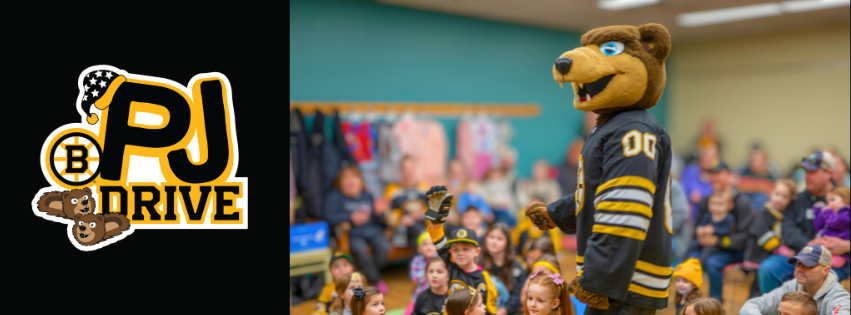 An image with the Bruins PJ Drive Logo, and Boston Bruins mascot blades standing in front of a seated audience of children.