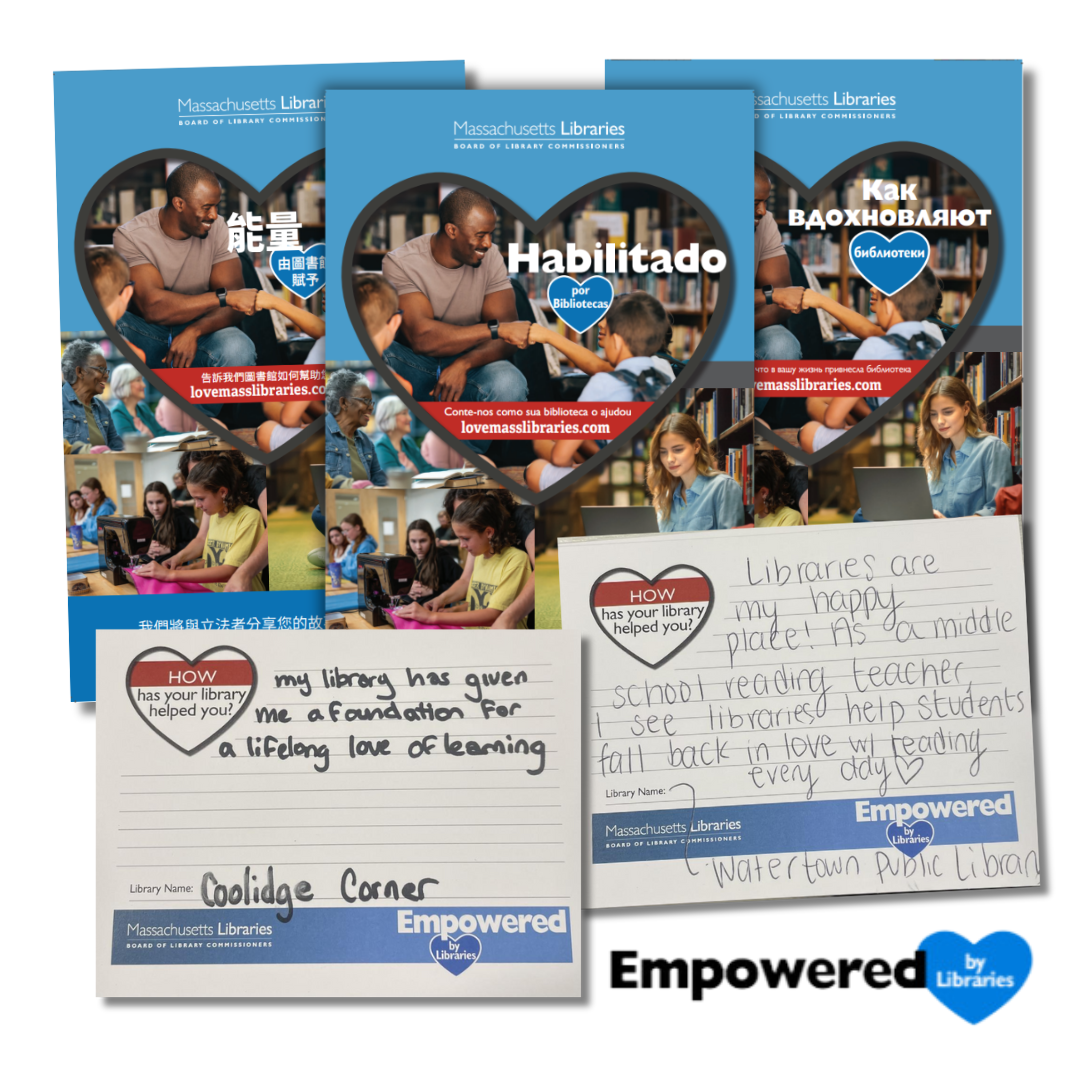 Empowered by Libraries logo, featuring photo of man and child fist bumping in storytime setting.  Banner images on the bottom include girl learning to use sewing machine, young woman with laptop, seniors sitting a table, young man with book.